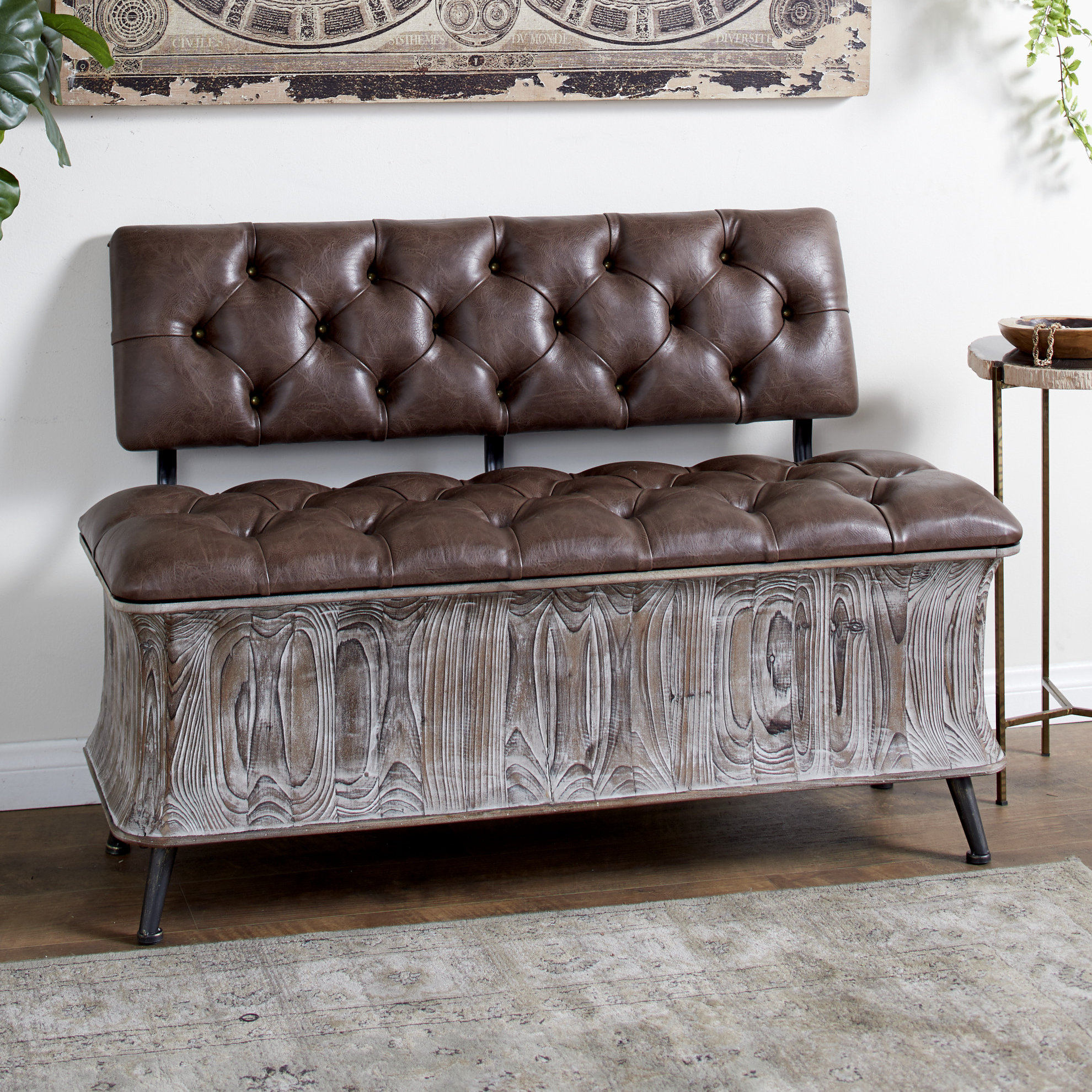 Loon Peak Angeles Brown Wood Storage Bench with Tufted Faux Leather Seat and Back 47 x 20 x 31.5 Reviews Wayfair